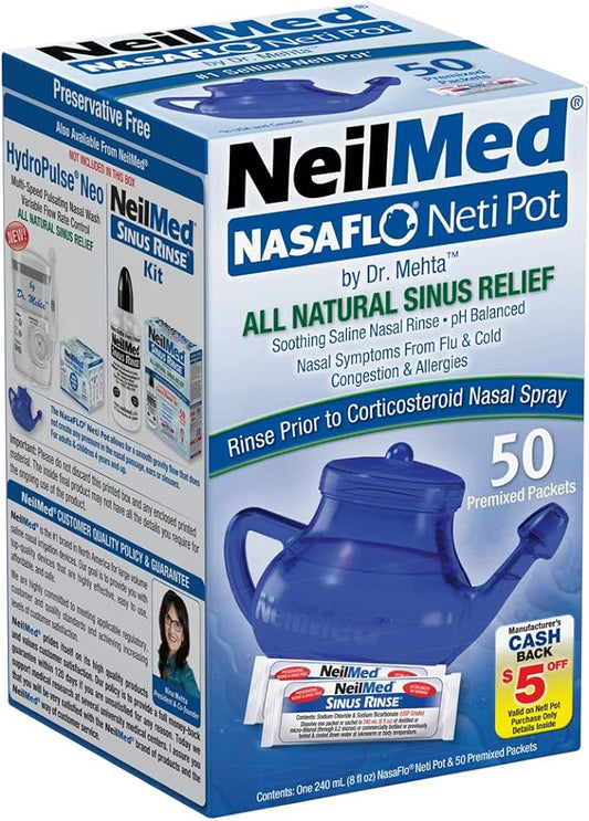 NeilMed NasaFlo Unbreakable Neti Pot with 50 Premixed Packets