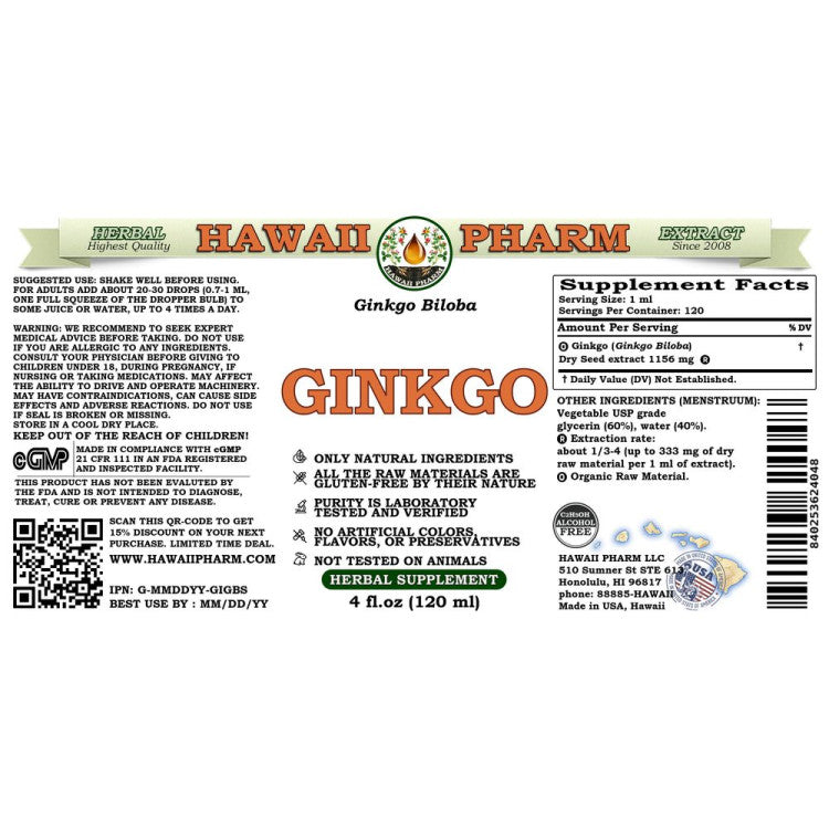 Ginkgo Liquid Extract, Dried seed (Ginkgo Biloba) Alcohol-Free Glycerite
